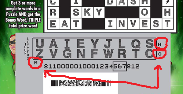 Codes on the bottom of a Colorado scratcher ticket